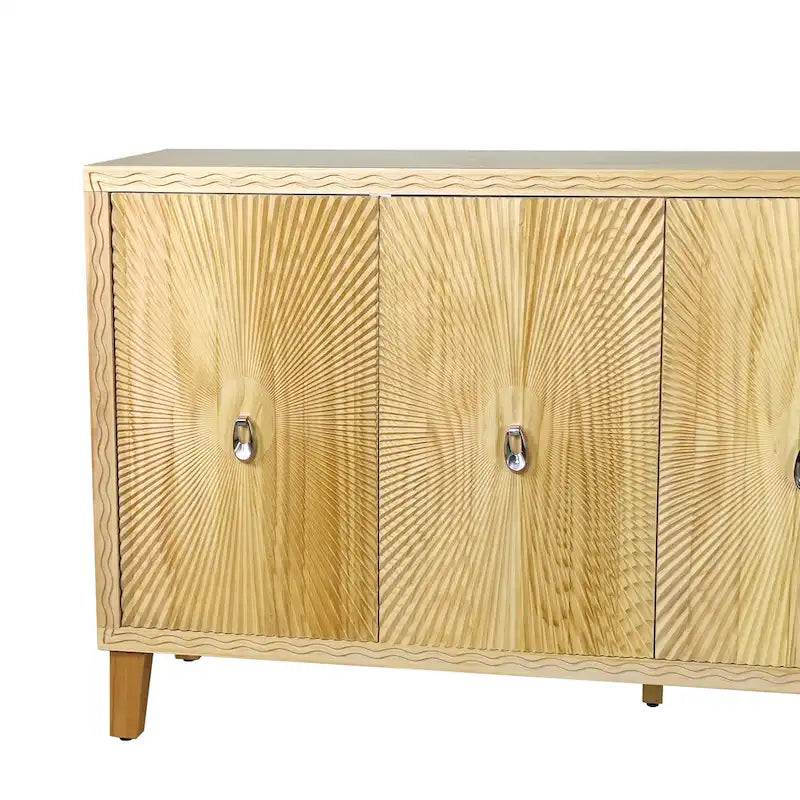 Buffet à 4 portes sculptées en motif rayons de soleil, 60 pouces, finition bois naturel