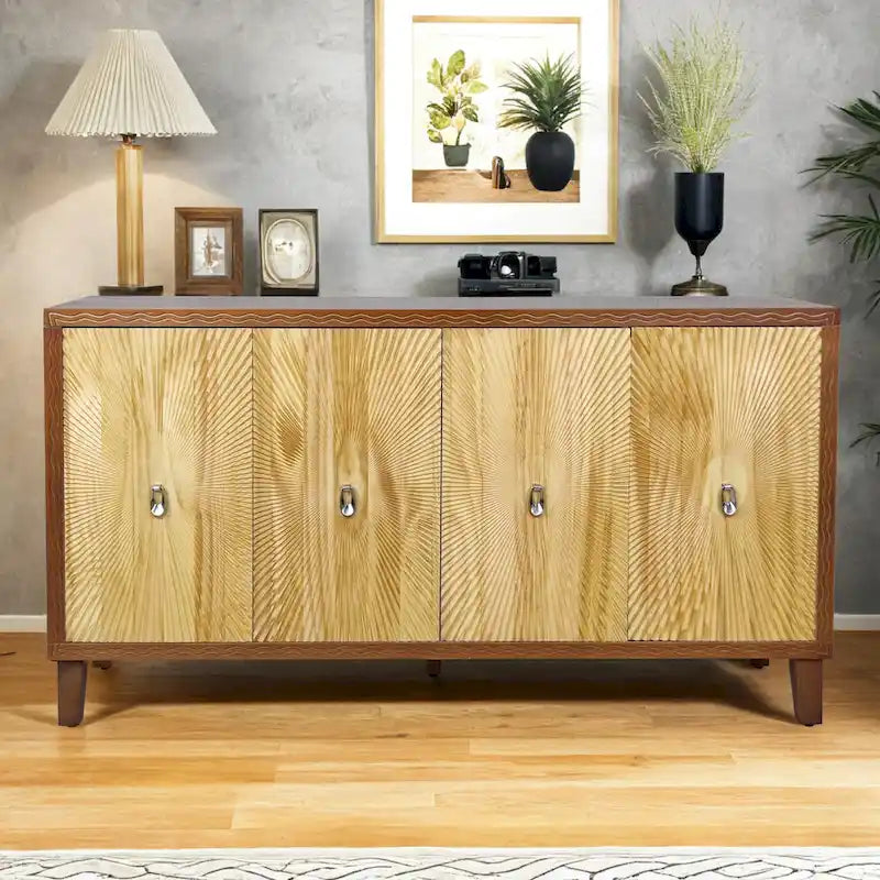 Buffet à 4 portes sculptées en motif rayons de soleil, 60 pouces, finition bois naturel