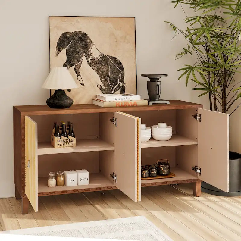 Buffet à 4 portes sculptées en motif rayons de soleil, 60 pouces, finition bois naturel