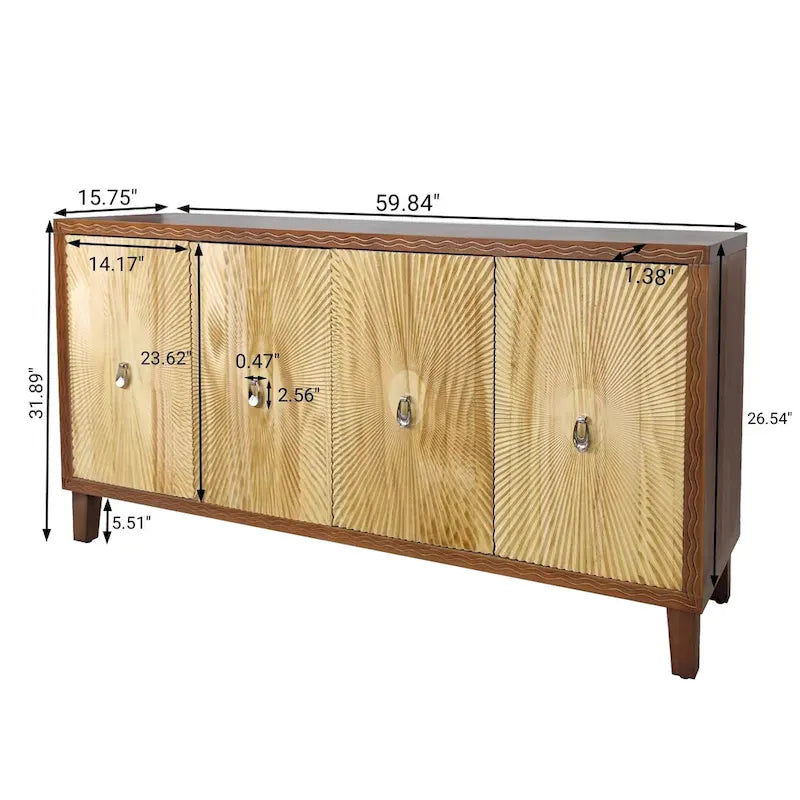 Buffet à 4 portes sculptées en motif rayons de soleil, 60 pouces, finition bois naturel