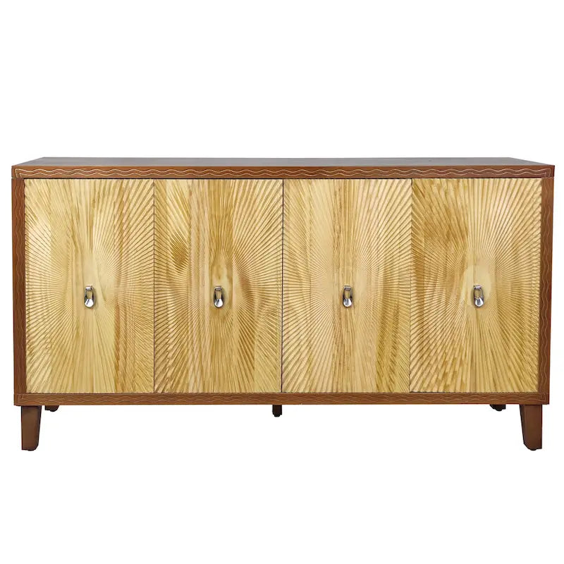 Buffet à 4 portes sculptées en motif rayons de soleil, 60 pouces, finition bois naturel
