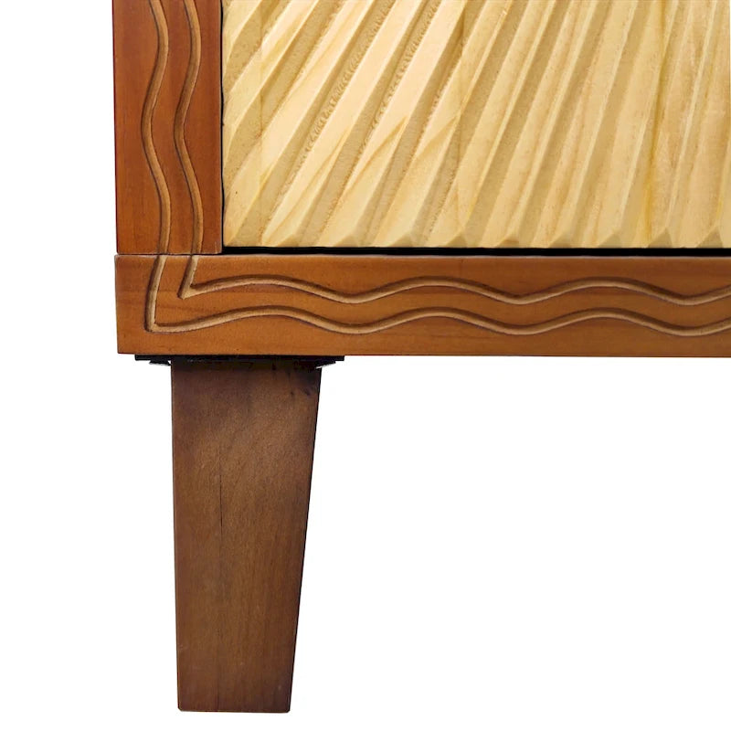 Buffet à 4 portes sculptées en motif rayons de soleil, 60 pouces, finition bois naturel