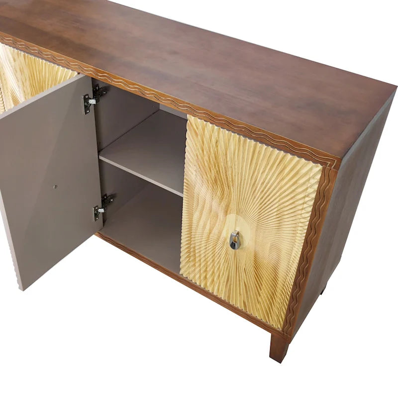 Buffet à 4 portes sculptées en motif rayons de soleil, 60 pouces, finition bois naturel
