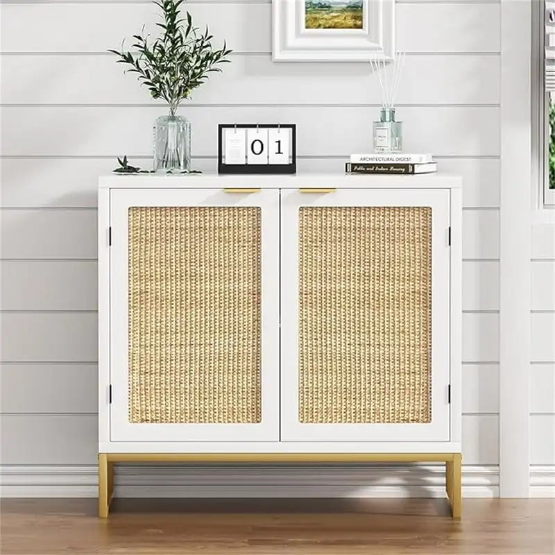 Boho Rattan 2-Door Accent Cabinet with Gold Metal Legs White Storage
