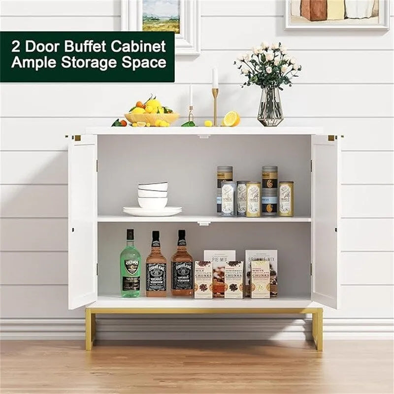 Boho-Akzentschrank mit 2 Rattantüren und goldfarbenen Metallbeinen, weiße Aufbewahrung