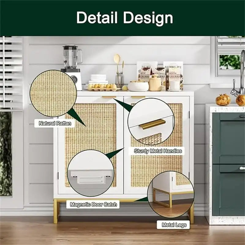 Boho Rattan 2-Door Accent Cabinet with Gold Metal Legs White Storage
