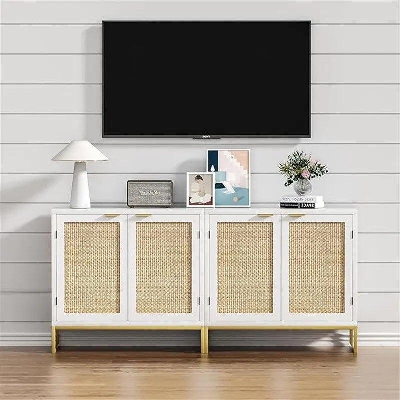 Boho-Akzentschrank mit 2 Rattantüren und goldfarbenen Metallbeinen, weiße Aufbewahrung