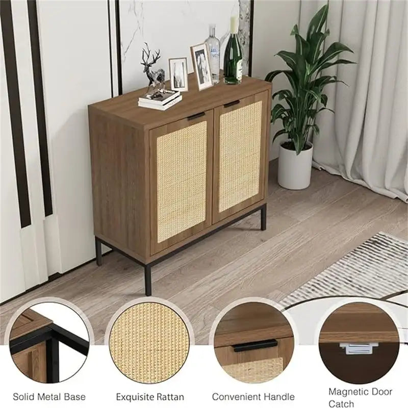 Boho-Akzentschrank mit 2 Rattantüren und goldfarbenen Metallbeinen, weiße Aufbewahrung