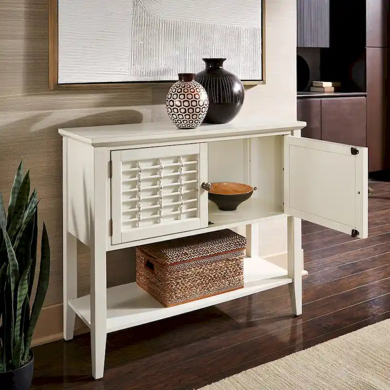 White 2-Door Console Table with Wicker Lattice Doors and Open Shelf