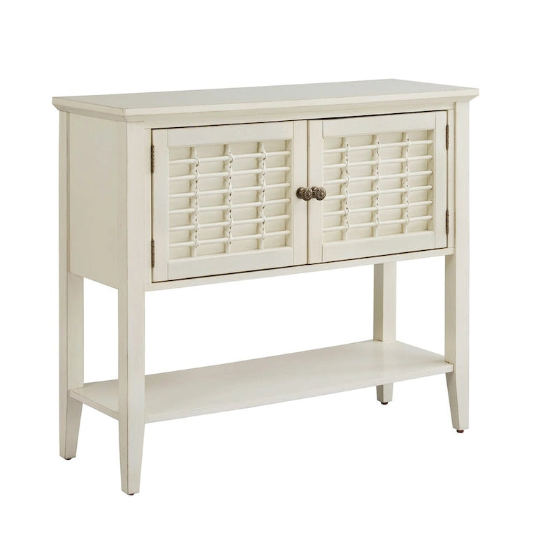White 2-Door Console Table with Wicker Lattice Doors and Open Shelf