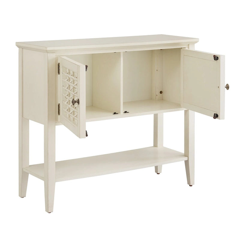 White 2-Door Console Table with Wicker Lattice Doors and Open Shelf