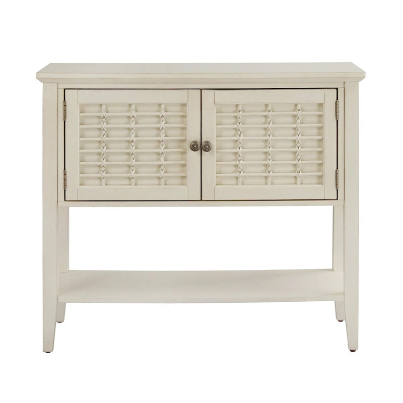 White 2-Door Console Table with Wicker Lattice Doors and Open Shelf