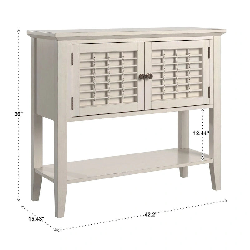 White 2-Door Console Table with Wicker Lattice Doors and Open Shelf