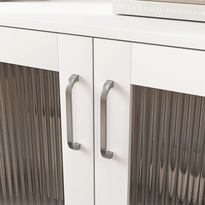 White Double Glass Door Storage Cabinet with Wood Legs