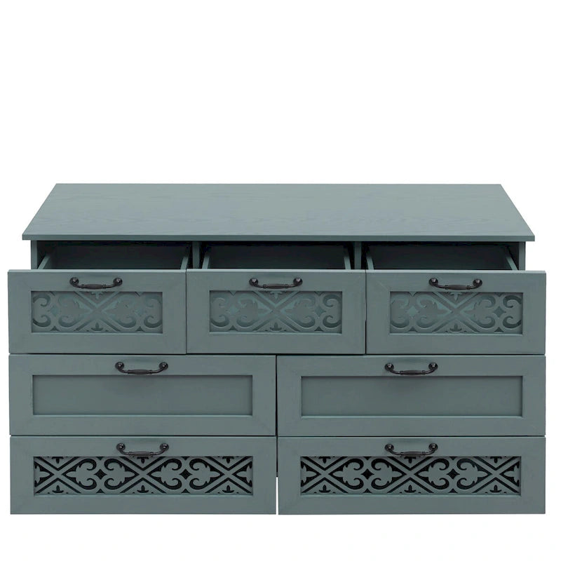 7 Drawer Cabinet Dark Green Carved Dresser with Metal Handles Solid Wood Legs