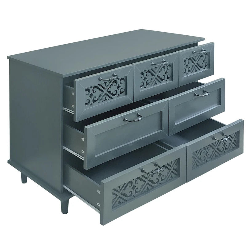 7 Drawer Cabinet Dark Green Carved Dresser with Metal Handles Solid Wood Legs
