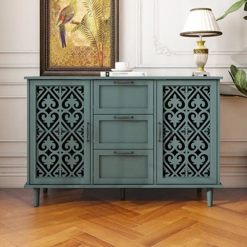 2 Door 3 Drawer Cabinet with Carved Lattice Doors, Teal Blue