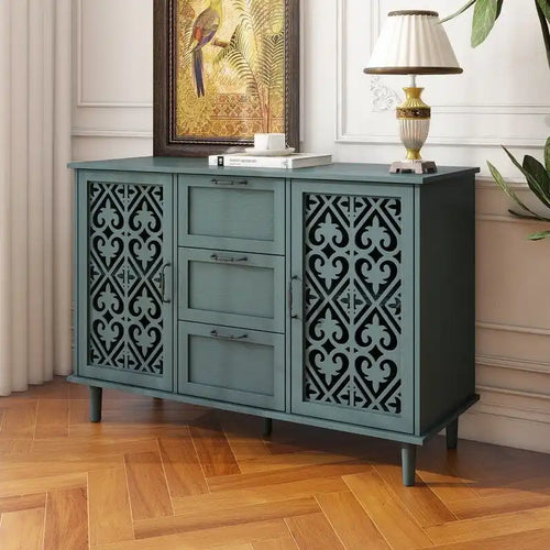 2 Door 3 Drawer Cabinet with Carved Lattice Doors, Teal Blue