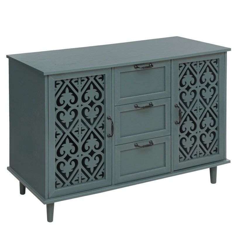 2 Door 3 Drawer Cabinet with Carved Lattice Doors, Teal Blue