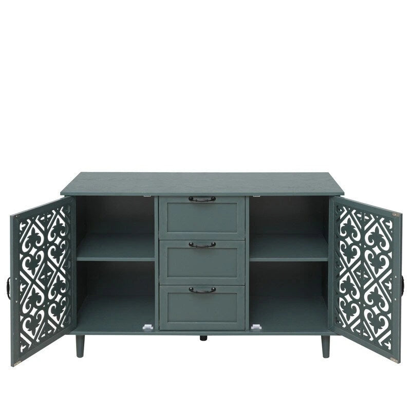 2 Door 3 Drawer Cabinet with Carved Lattice Doors, Teal Blue