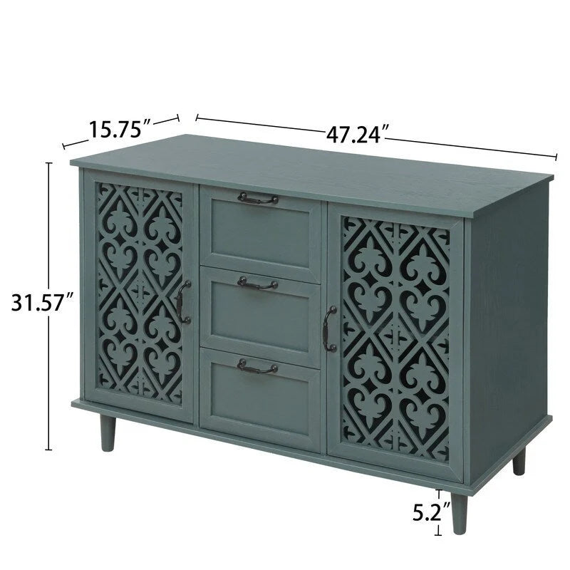 2 Door 3 Drawer Cabinet with Carved Lattice Doors, Teal Blue