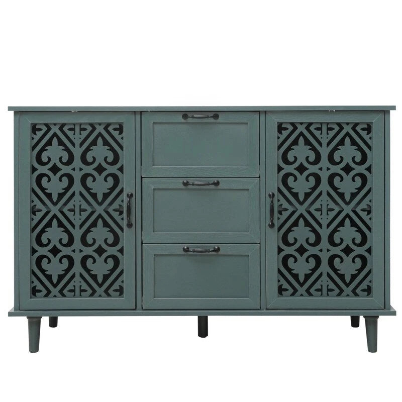 2 Door 3 Drawer Cabinet with Carved Lattice Doors, Teal Blue