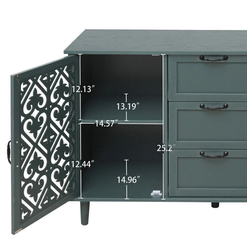 2 Door 3 Drawer Cabinet with Carved Lattice Doors, Teal Blue