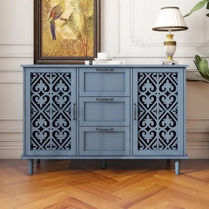 2 Door 3 Drawer Cabinet with Carved Lattice Doors, Teal Blue