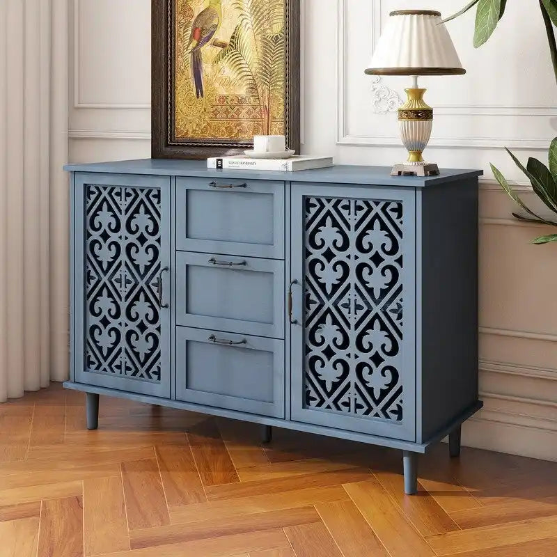 2 Door 3 Drawer Cabinet with Carved Lattice Doors, Teal Blue