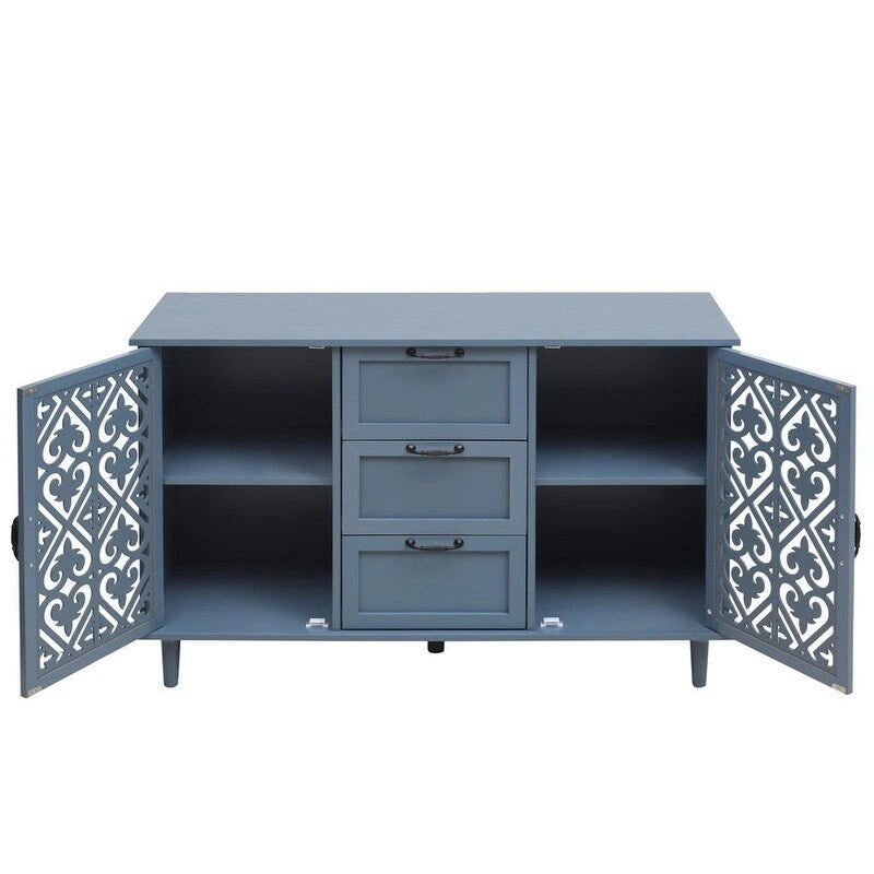 2 Door 3 Drawer Cabinet with Carved Lattice Doors, Teal Blue