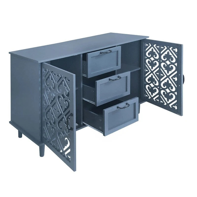 2 Door 3 Drawer Cabinet with Carved Lattice Doors, Teal Blue