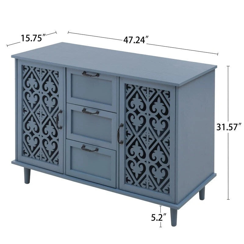 2 Door 3 Drawer Cabinet with Carved Lattice Doors, Teal Blue