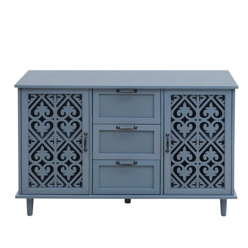 2 Door 3 Drawer Cabinet with Carved Lattice Doors, Teal Blue