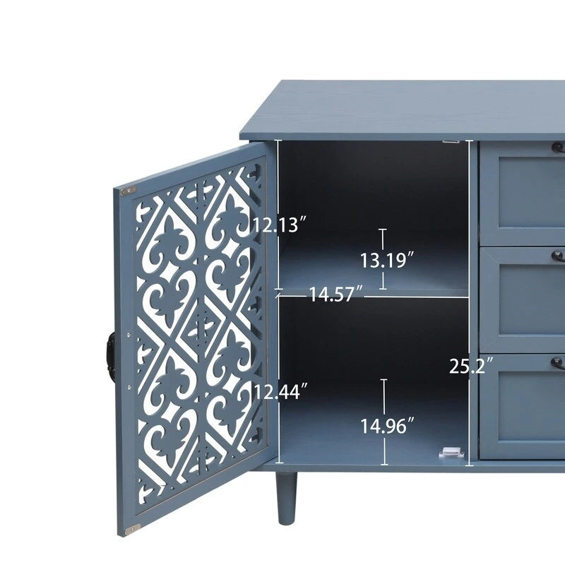 2 Door 3 Drawer Cabinet with Carved Lattice Doors, Teal Blue