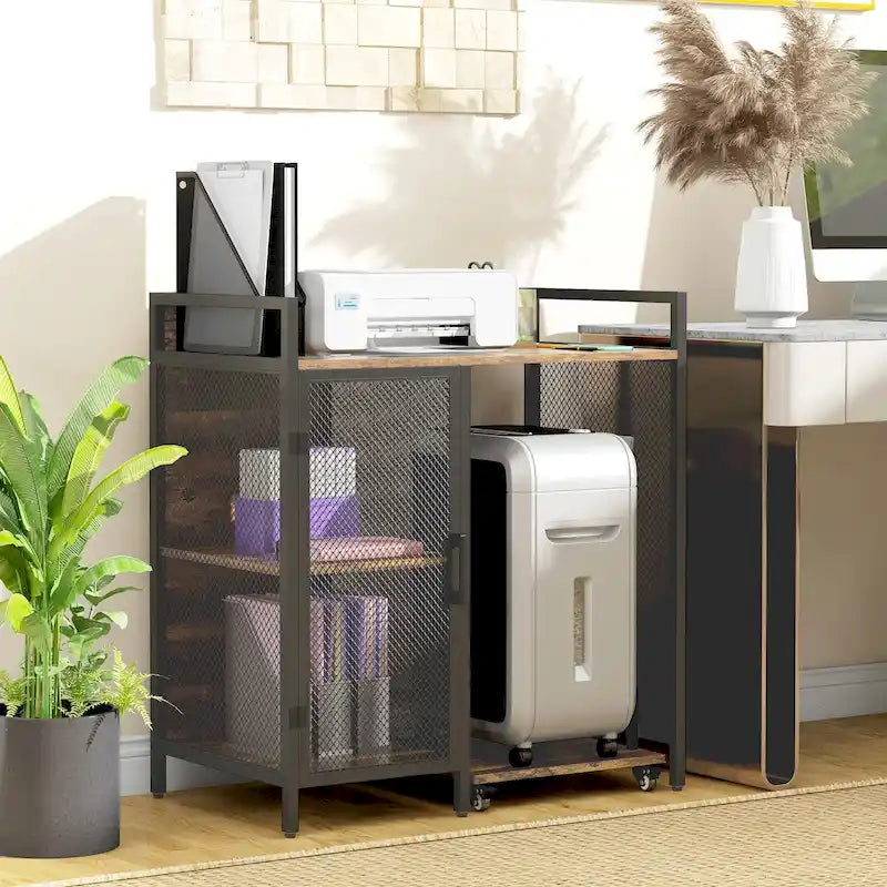 Supporto industriale porta stampante con rotelle e mobiletto, porte USB per la ricarica, marrone rustico