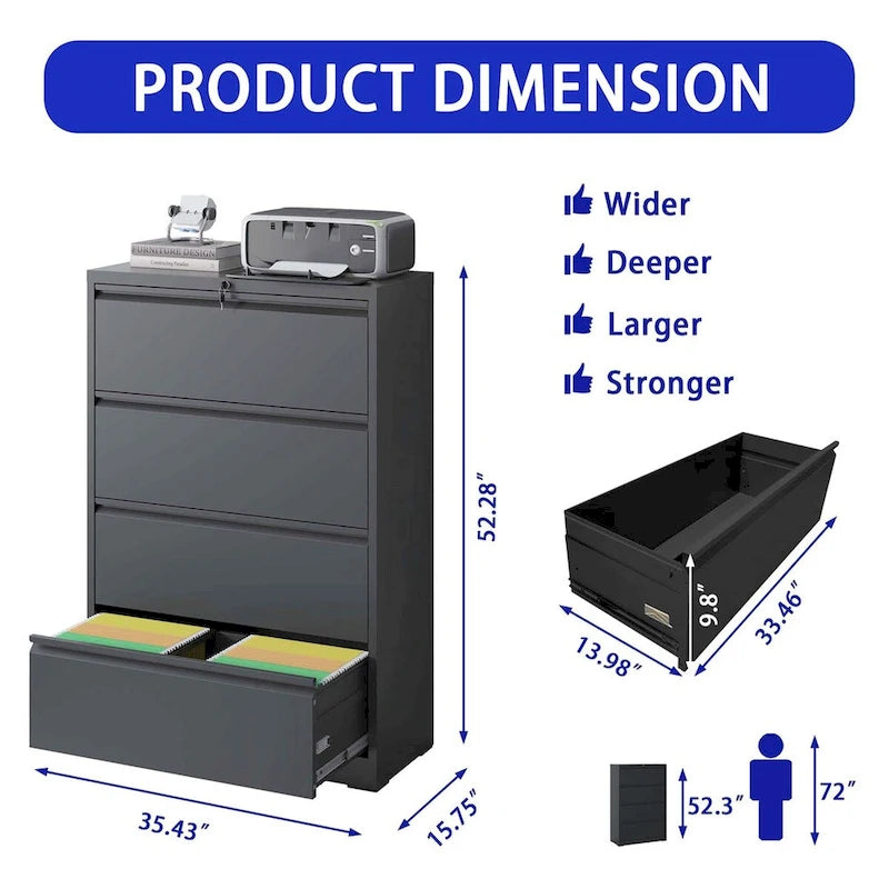 4-Drawer Steel Lateral File Cabinet with Lock, Black or White