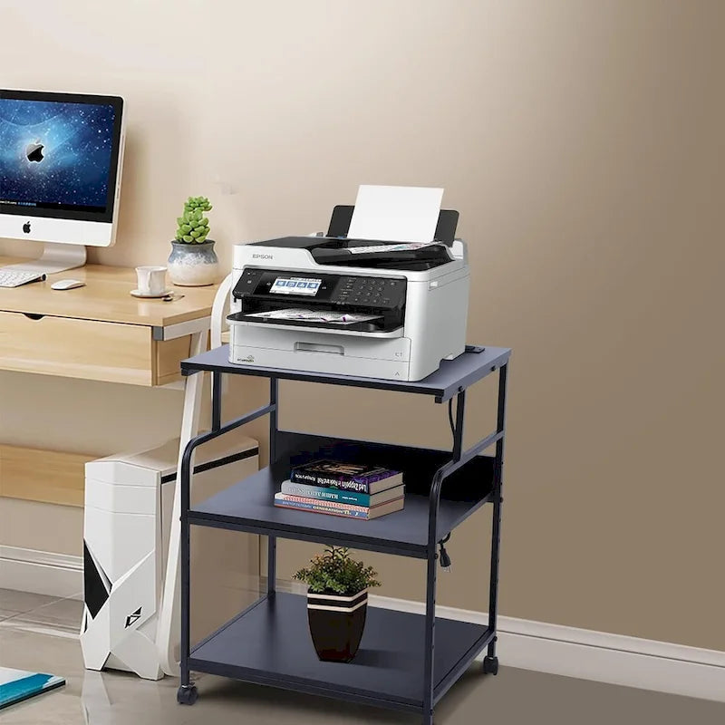 3-Tier Rolling Printer Stand with Storage Shelves and Power Hub Black