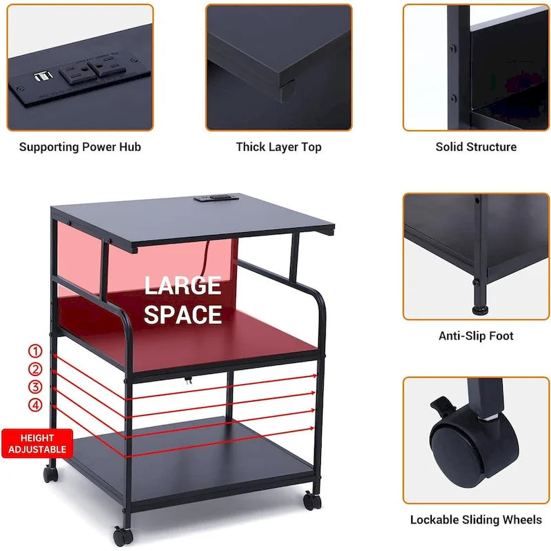 3-Tier Rolling Printer Stand with Storage Shelves and Power Hub Black