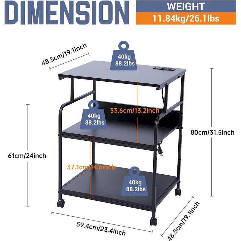 3-Tier Rolling Printer Stand with Storage Shelves and Power Hub Black