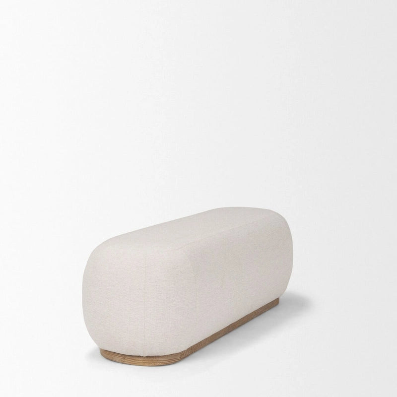 Cream Fabric Upholstered Oblong Bench with Light Brown Wood Base