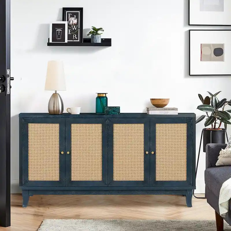 Blue Rattan Door Sideboard Cabinet MDF Storage Console Table 4 Door