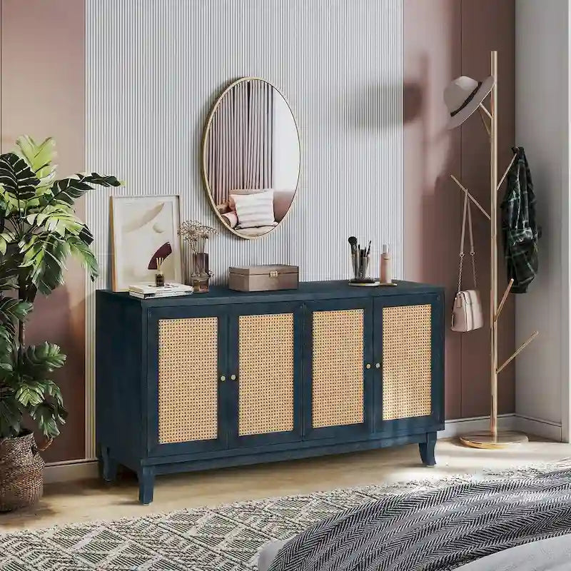 Blue Rattan Door Sideboard Cabinet MDF Storage Console Table 4 Door
