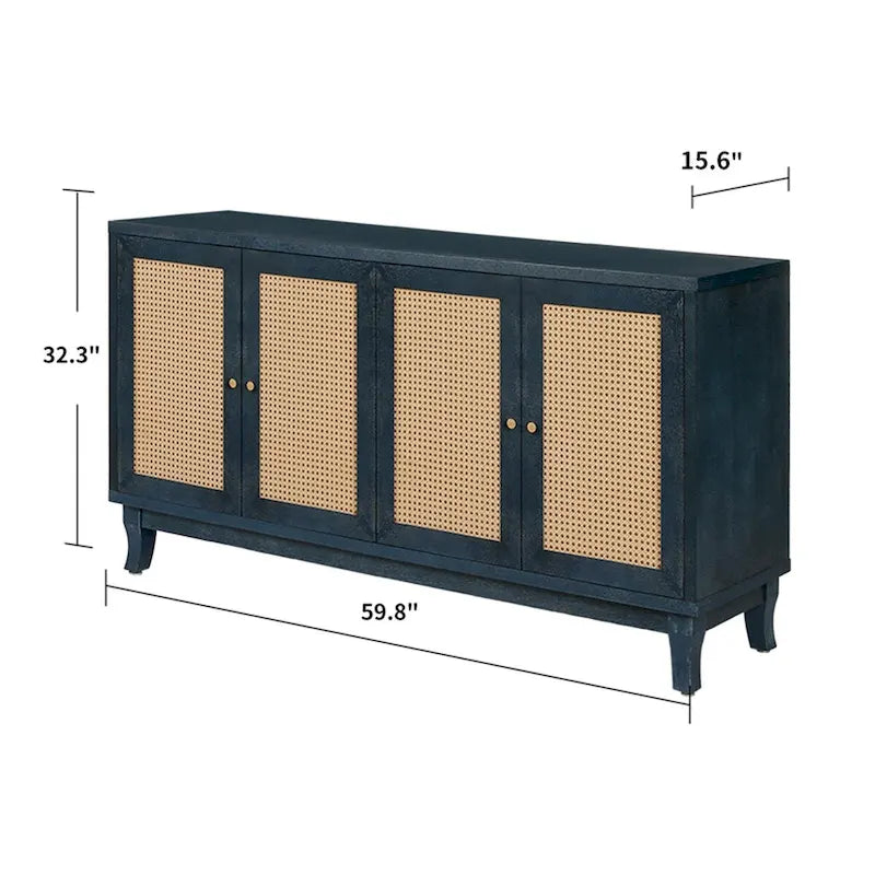 Blue Rattan Door Sideboard Cabinet MDF Storage Console Table 4 Door