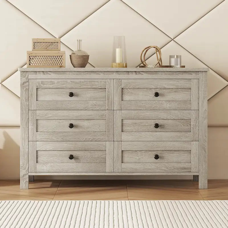 6-Drawer Wooden Dresser Chest with Bronze Knobs Antique Gray