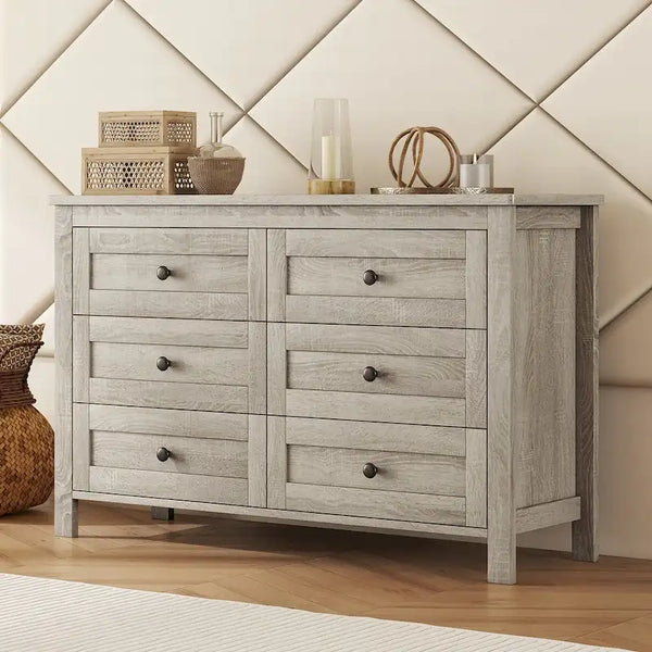 Holzkommode mit 6 Schubladen, Bronzegriffen, Antikgrau