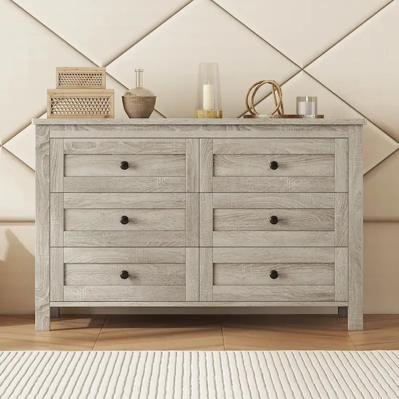 6-Drawer Wooden Dresser Chest with Bronze Knobs Antique Gray