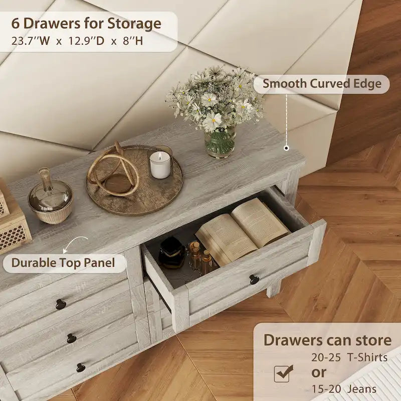6-Drawer Wooden Dresser Chest with Bronze Knobs Antique Gray