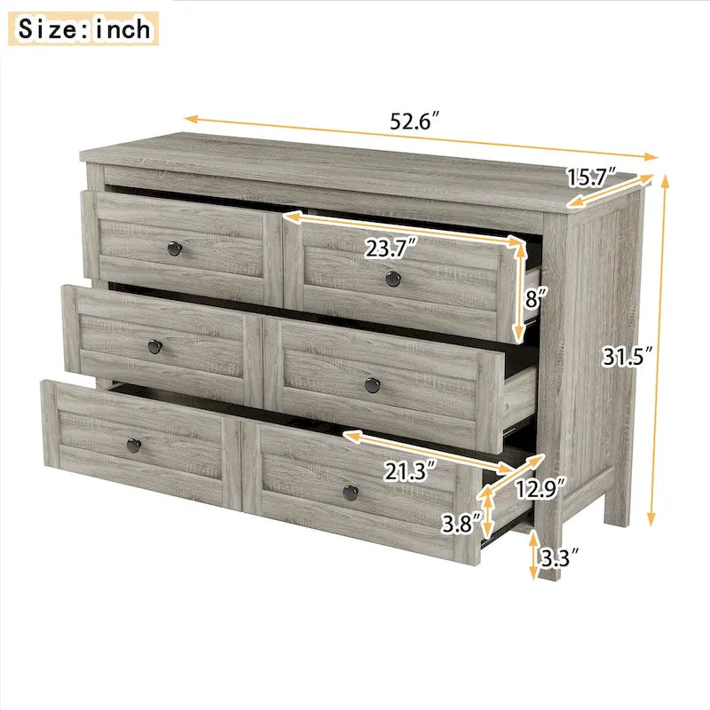 6-Drawer Wooden Dresser Chest with Bronze Knobs Antique Gray