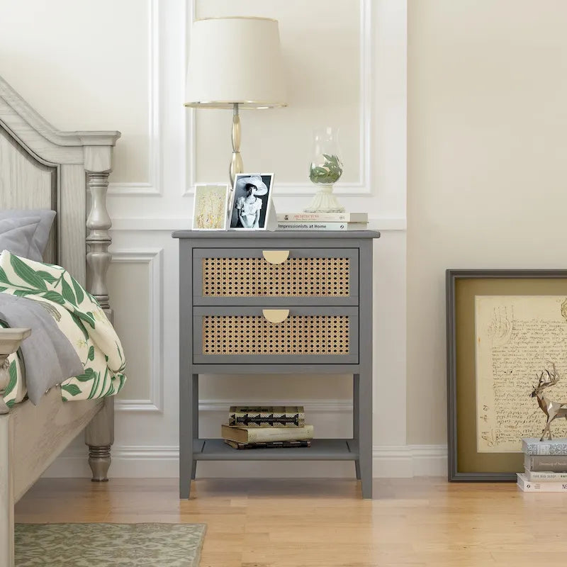 2-Drawer Rattan Nightstand Side Table with Open Shelf, Gray