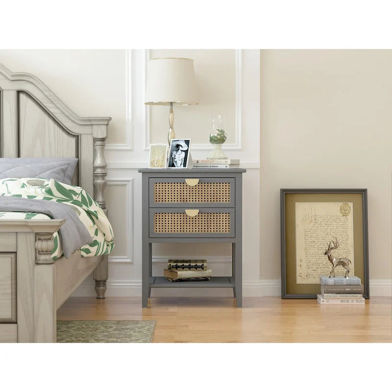 2-Drawer Rattan Nightstand Side Table with Open Shelf, Gray
